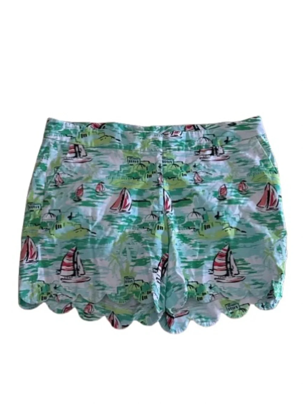 crown & ivy Sailboat Print Scallop Hem Shorts - Green & Pink